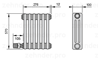 Схема (чертеж) Радиатор Zehnder Charleston 3057/6 №V004 Technoline TL